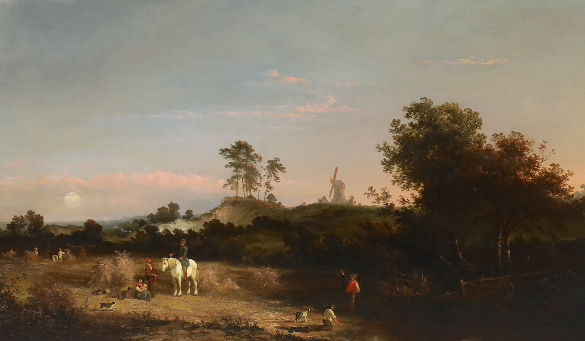 H.J. Williams (English, 19th C.), oil on canvas, A harvest field with farm workers, children, a dog and a figure on horseback with a windmill in the distance, 52.5 x 89cm